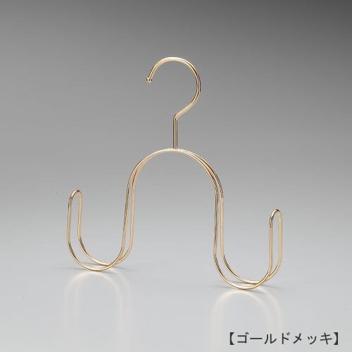 スカーフ・ストール用ハンガー正面画像/型番:SSH-100/表面処理:ゴールドメッキ/素材:スチール/スカーフ、ストール、マフラー等を首に巻いたイメージで、ディスプレイできるハンガーです。フェイス陳列することにより、ストールなどの使用イメージをお客様に視覚的にダイレクトに伝えることができると、たくさんの百貨店様からご好評をいただいております。/日本製