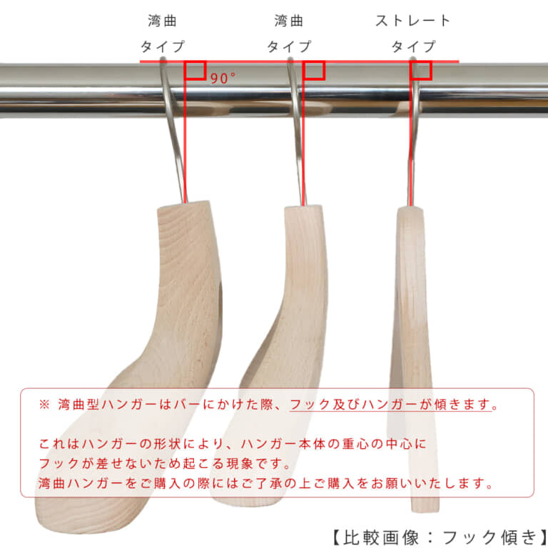 ※湾曲型ハンガーはバーに掛けた際、フック及びハンガーが傾きます。
これはハンガーの形状により、ハンガー本体の重心の中心にフックが差せないため起こる現象です。
湾曲型ハンガーをご購入の際には、ご了承の上、ご購入をお願いいたします。