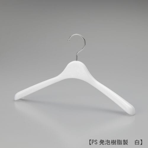 レディス用ハンガー正面画像/型番:TYHG373/素材 本体:PS発泡樹脂 フック:スチール/前肩カーブ仕様、横幅370mm、肩先の厚み30mm、タイト目に仕立てられた洋服に適した寸法です。フック根元のフェイス部が丸頭形状の為、洋服をかけた際にカジュアルな印象を与えます。フックはクロームメッキ仕上げのスチール製。/日本製