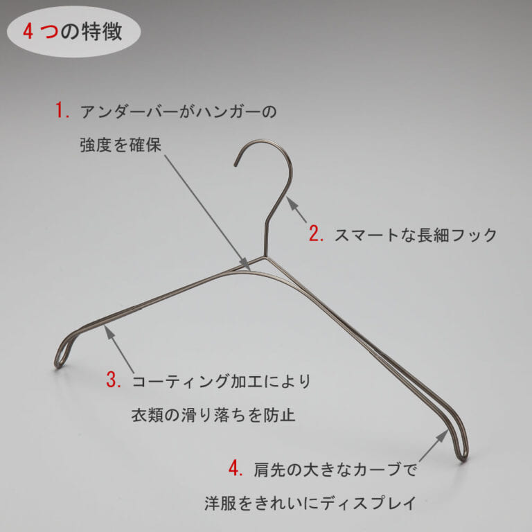 トップス用スマートハンガーの4つの特徴
①アンダーバーがハンガーの強度を確保
②スマートなデザインの細長フック
③標準装備の肩先コーティング加工が衣類が滑り落ちを防止
④肩先の大きなカーブが洋服をの肩のラインをきれいにディスプレイ