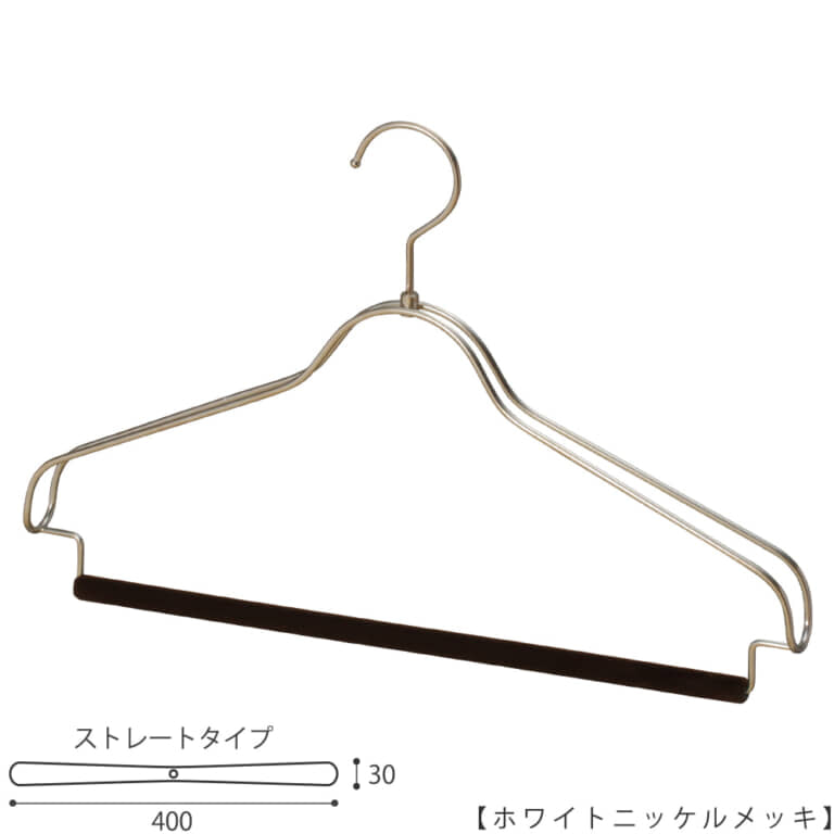 ●ハンガー正面画像
●ホテル用セットアップハンガー フェルトバー仕様
●型番: HTL-2368BR-FB-40-WNI
●色:本体 ホワイトニッケルメッキ/フェルトバー こげ茶
●サイズ:横幅400mmユニセックスサイズ/肩厚30mm/ワイヤーの太さ4mm
●素材:本体 スチール/パンツ用バー部 木製フェルト貼り
●形状:ストレートタイプ
●フック: 回転式
●用途:スーツ/ジャケット/シャツ/パンツ用ハンガー
●特長:繊細なフレームワークが美しく、抜け感のあるタヤオリジナルセットアップハンガー。スーツやジャケット・パンツのセット物を1本のハンガーで掛けられる仕様です。おしゃれなホテルのクローゼットにマッチするよう製作しました。パンツ部はパンツをもものあたりで二つ折りにしてタオルの様にかける仕様となっています。サイズは男女兼用横幅400mm。
●生産国:日本(タヤ自社工場)