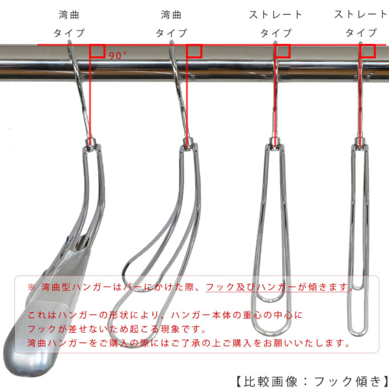 ※湾曲型ハンガーはバーに掛けた際、フック及びハンガーが傾きます。
これはハンガーの形状により、ハンガー本体の重心の中心にフックが差せないため起こる現象です。
湾曲型ハンガーをご購入の際には、ご了承の上、ご購入をお願いいたします。