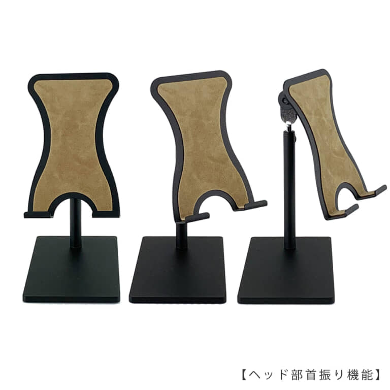 ●ヘッド部 横回転首振り機能
ヘッドの「横回転の向き」を自由に固定できます。
ヘッドの向きによってはバランスが悪くなり転倒しますので、スマートフォンを置いた際に転倒しない向きに調整後、ローレットネジを締め、向きを固定してご使用ください。