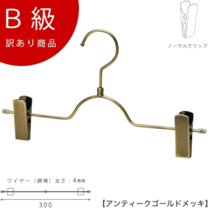 【BS-503R-30-NCアンティークゴールドのB級品です】

サイズ：横幅30cm ワイヤーの太さ4mm
形状:山型／Ｒ付クリップ
材質：スチール 色： 本体：アンティークゴールドメッキ
仕様：フック回転
生産国：日本

【動かそうとすれば動いてしまいますが、傷の原因となりますので、なるべくクリップは動かさずにご使用ください。

※B級品のため、通常よりお安くして販売しております。
※B級品商品は、基本的に返品・交換を受け付けておりませんので、ご了承ください。
※商品それぞれに個体差があります。ご理解いただける方のみご購入くださいますようお願いします。
※数量限定商品となり、商品がなくなり次第、販売終了となります。